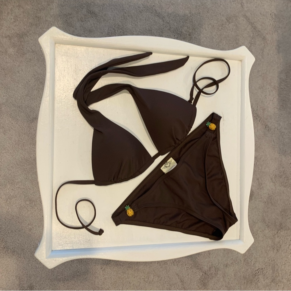Brown two piece bathing suit, with Pineapple charms on sides of bottom, Size M